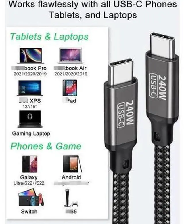 Alt view image 2 of 7 - 2M/6.6FT Nylon Braided USB-C to USB-C Cable | PD3.1 240W(48V 5A) Super Fast Charging Cord Compatible with MacBook Pro, iPad Pro, Galaxy S22/A10 & All USB-C Devices