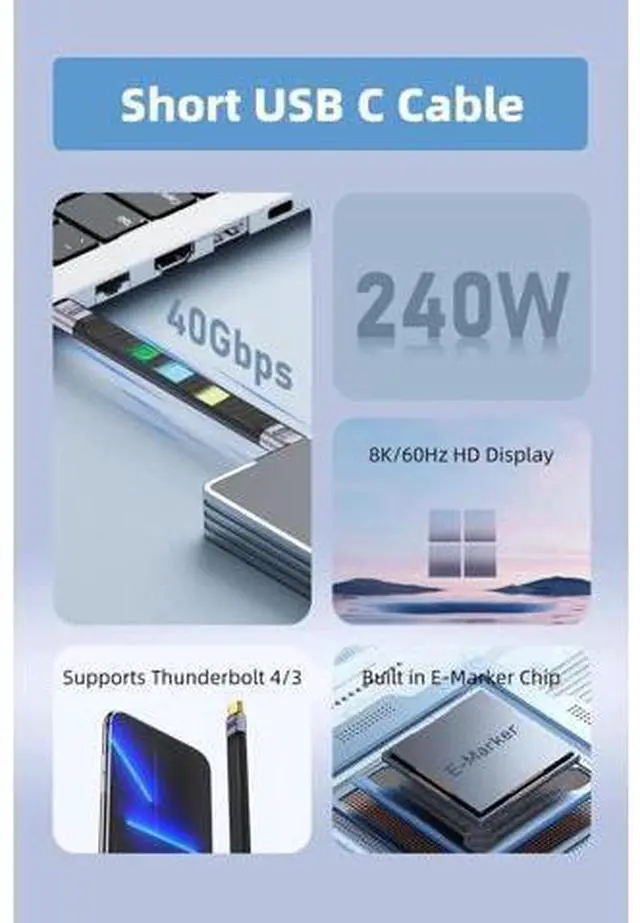Alt view image 5 of 7 - 5.3 Inch Short USB4 USB-C to USB-C Cable | 240W PD Fast Charging, 40Gbps Data, 8K@60Hz Video, Compatible with Thunderbolt 3/4, Laptops, Tablets & Smartphones