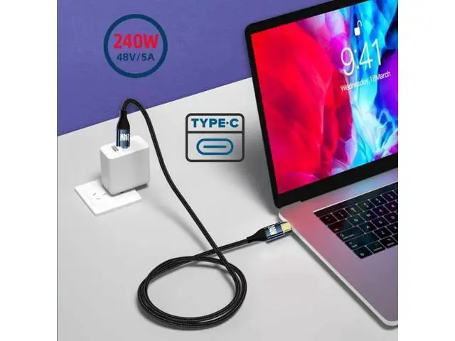 Alt view image 4 of 6 - 1M 90 Degree Low Profile USB C to USB C Cable, 240W 48V 5A PD Fast Charging Cord, 480Mbps USB2.0 Data Sync Backward Compatible with 100W for Laptop Phone Game Console