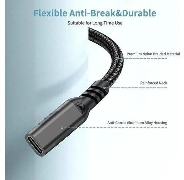 Alt view image 2 of 7 - 3M/10FT Nylon Braided USB-C Extension Cable Male to Female, USB 3.2 Gen2 Extender Cord Support 10Gbps Data, 100W PD Fast Charging, 4K@60Hz Video for MacBook, Laptops & Phones