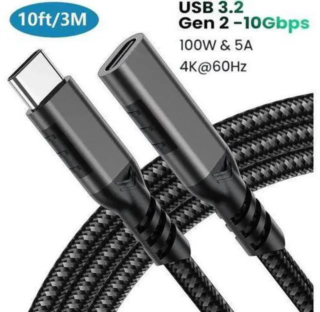 Main image of 3M/10FT Nylon Braided USB-C Extension Cable Male to Female, USB 3.2 Gen2 Extender Cord Support 10Gbps Data, 100W PD Fast Charging, 4K@60Hz Video for MacBook, Laptops & Phones