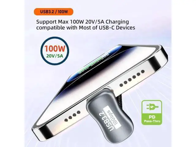 Alt view image 5 of 7 - 50cm U-Shaped Back Angled USB C Male to Male Extension Cable, USB3.1 Gen2 10Gbps Data & 100W PD Fast Charging Cord with Protective Sleeve for Laptops & USB-C Devices