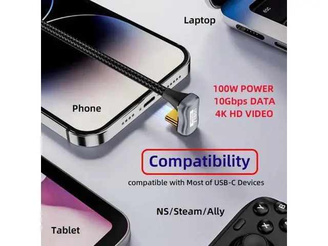 Alt view image 7 of 7 - 50cm U-Shaped Back Angled USB C Male to Male Extension Cable, USB3.1 Gen2 10Gbps Data & 100W PD Fast Charging Cord with Protective Sleeve for Laptops & USB-C Devices