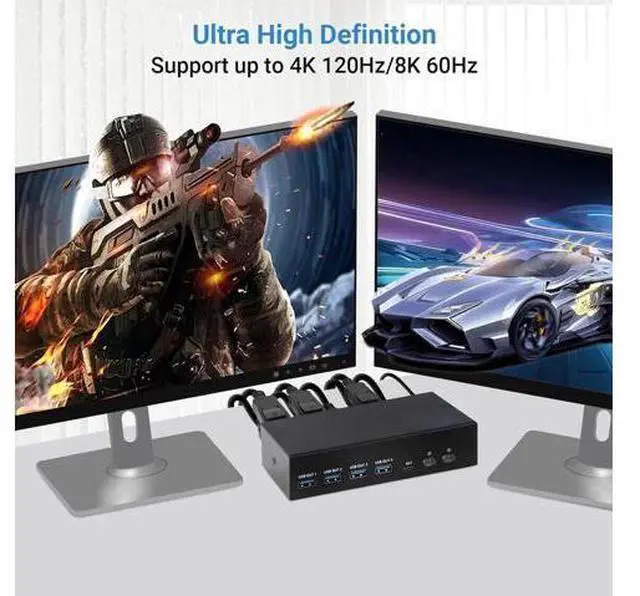 Alt view image 2 of 6 - 2 PC Dual Monitor KVM Switch HDMI 2.1 + DP 1.4, 8K@60Hz 4K@120Hz USB 3.0 KVM Switcher, Extended/Mirror Mode, Desktop Controller & Full Cables Included