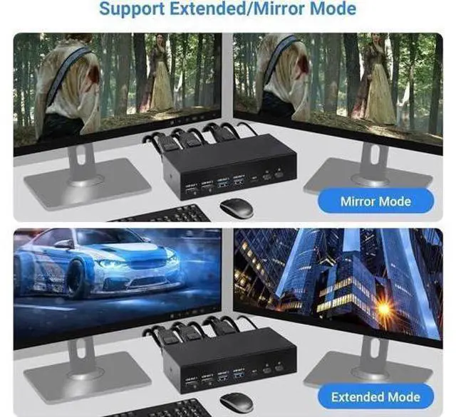 Alt view image 3 of 6 - 2 PC Dual Monitor KVM Switch HDMI 2.1 + DP 1.4, 8K@60Hz 4K@120Hz USB 3.0 KVM Switcher, Extended/Mirror Mode, Desktop Controller & Full Cables Included