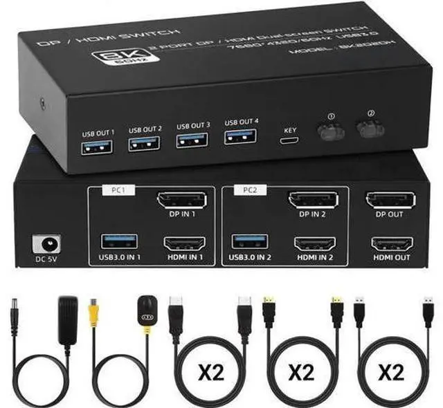 Alt view image 4 of 6 - 2 PC Dual Monitor KVM Switch HDMI 2.1 + DP 1.4, 8K@60Hz 4K@120Hz USB 3.0 KVM Switcher, Extended/Mirror Mode, Desktop Controller & Full Cables Included