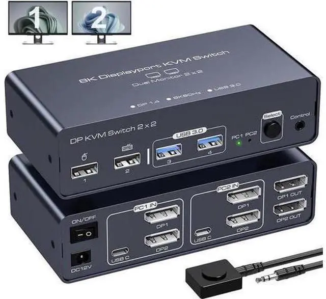 Main image of 2 Port 2-In-2-Out Dual Monitor DisplayPort 1.4 KVM Switch 8K@60Hz 4K@120Hz USB 3.0, Aluminum Housing, with USB3.0 to USB-C Cable, 4 USB Peripherals Sharing for 2 PCs & 2 Displays
