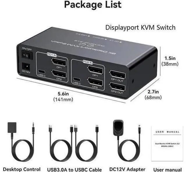 Alt view image 6 of 7 - 2 Port 2-In-2-Out Dual Monitor DisplayPort 1.4 KVM Switch 8K@60Hz 4K@120Hz USB 3.0, Aluminum Housing, with USB3.0 to USB-C Cable, 4 USB Peripherals Sharing for 2 PCs & 2 Displays