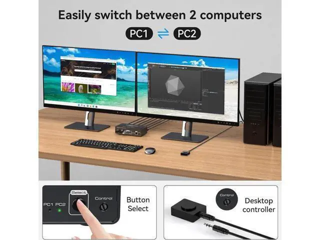 Alt view image 7 of 7 - 2 Port 2-In-2-Out Dual Monitor DisplayPort 1.4 KVM Switch 8K@60Hz 4K@120Hz USB 3.0, Aluminum Housing, with USB3.0 to USB-C Cable, 4 USB Peripherals Sharing for 2 PCs & 2 Displays