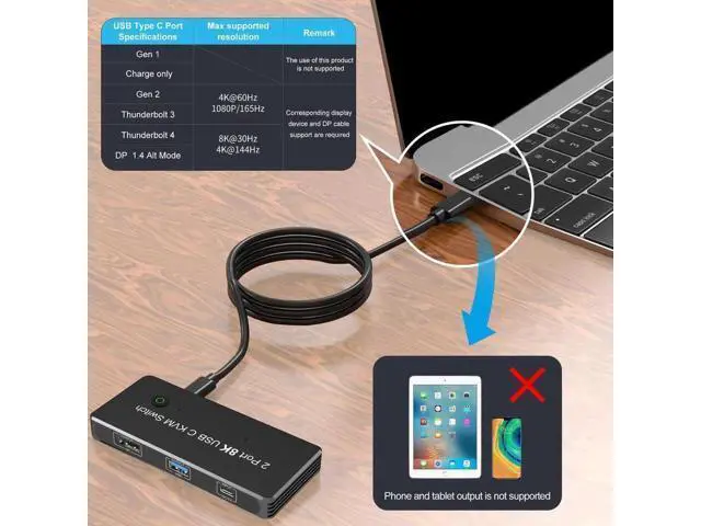 Alt view image 2 of 6 - Thunderbolt 3 / Thunderbolt 4 USB-C to DP KVM Switch, 3 USB 2.0 Ports, Support 8K@60Hz & 4K@144Hz DP 1.4, for Monitor, Keyboard, Mouse & Printer