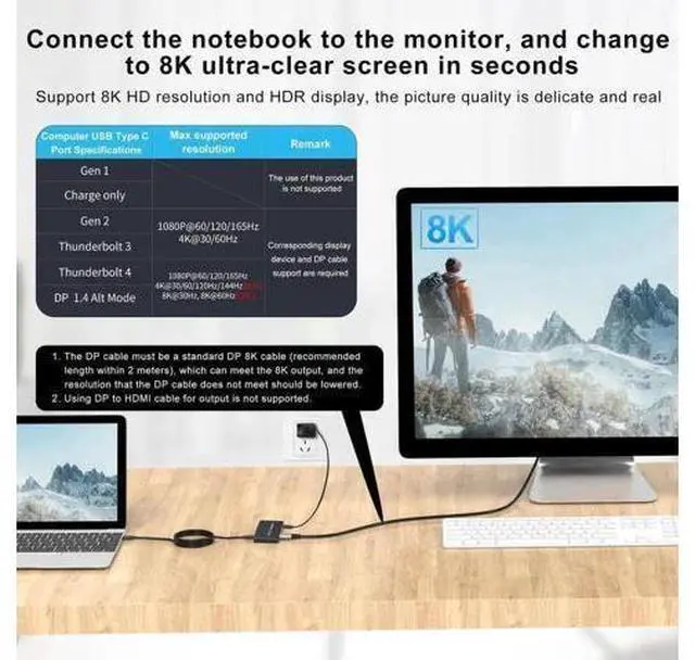 Alt view image 3 of 6 - Thunderbolt 3 / Thunderbolt 4 USB-C to DP KVM Switch, 3 USB 2.0 Ports, Support 8K@60Hz & 4K@144Hz DP 1.4, for Monitor, Keyboard, Mouse & Printer