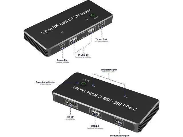 Alt view image 6 of 6 - Thunderbolt 3 / Thunderbolt 4 USB-C to DP KVM Switch, 3 USB 2.0 Ports, Support 8K@60Hz & 4K@144Hz DP 1.4, for Monitor, Keyboard, Mouse & Printer