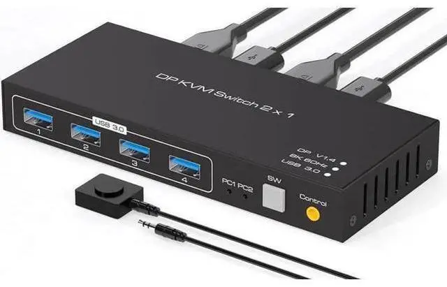 Main image of 2 Port DisplayPort 1.4 USB 3.0 KVM Switch, 8K@60Hz 4K@120Hz 4K@144Hz KVM Switcher with 4 5Gbps USB Ports, FreeSync G-SYNC HDR, Wired Remote Included