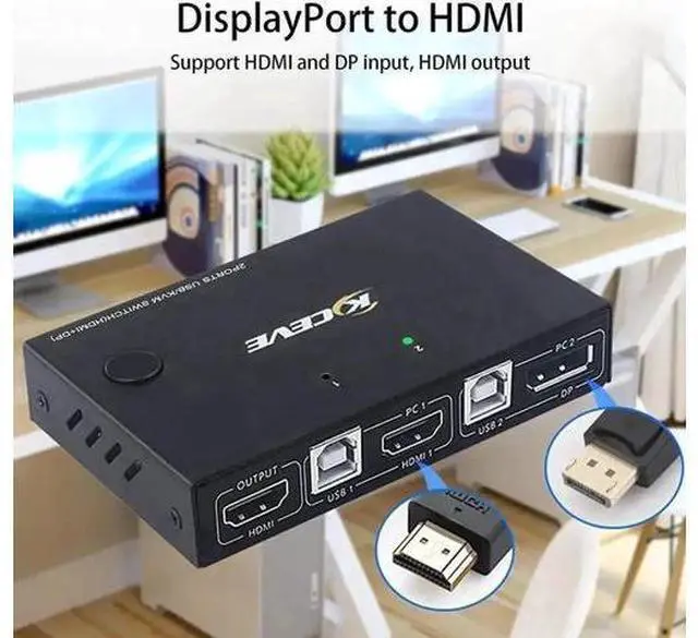 Alt view image 2 of 6 - 2 Port DP+HDMI KVM Switch 4K@30Hz, Dual Input DisplayPort HDMI USB KVM Switcher with DP to HDMI Function, 2 PCs Share 1 Monitor Keyboard Mouse Printer