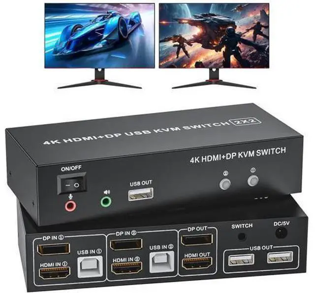 Main image of 2x2 Hybrid DP 1.4+HDMI Dual Monitor KVM Switch 4K@60Hz, USB 2.0 KVM Switcher with Audio Mic Port for 2 PCs Share 2 Displays Keyboard Mouse Printer