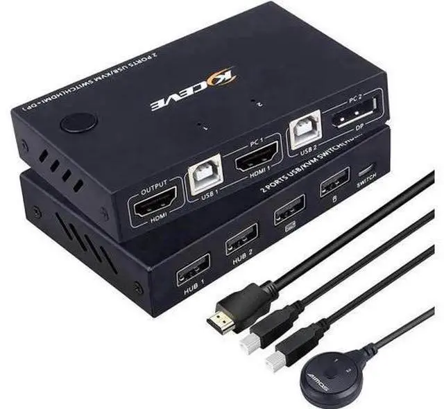 Main image of 2 Port DP+HDMI KVM Switch 4K@30Hz, Dual Input DisplayPort HDMI USB KVM Switcher with DP to HDMI Function, 2 PCs Share 1 Monitor Keyboard Mouse Printer