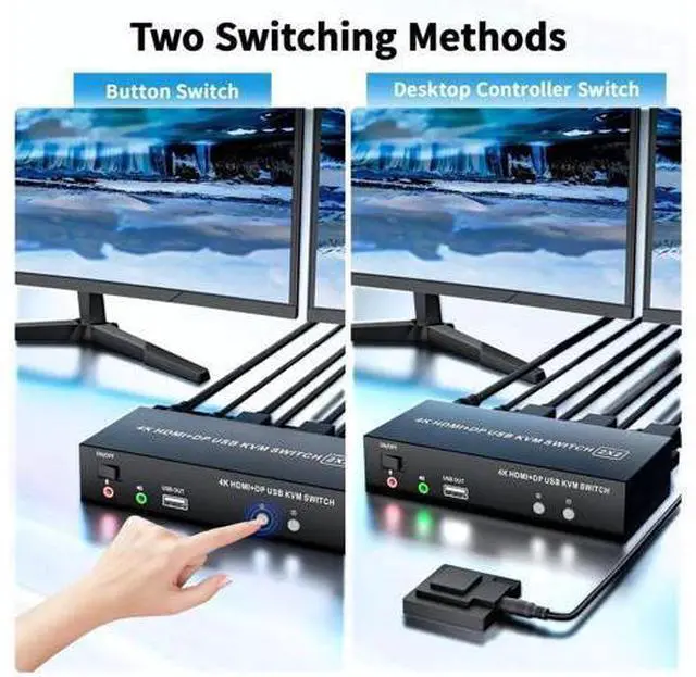 Alt view image 2 of 7 - 2x2 Hybrid DP 1.4+HDMI Dual Monitor KVM Switch 4K@60Hz, USB 2.0 KVM Switcher with Audio Mic Port for 2 PCs Share 2 Displays Keyboard Mouse Printer