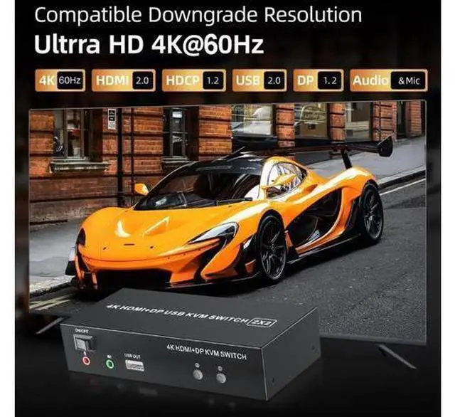 Alt view image 7 of 7 - 2x2 Hybrid DP 1.4+HDMI Dual Monitor KVM Switch 4K@60Hz, USB 2.0 KVM Switcher with Audio Mic Port for 2 PCs Share 2 Displays Keyboard Mouse Printer