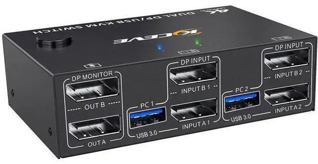 Main image of Dual Monitor DisplayPort KVM Switch 2 Computers, 4K@144Hz USB 3.0 KVM Switcher with 4 USB Ports, Wired Remote Control Included