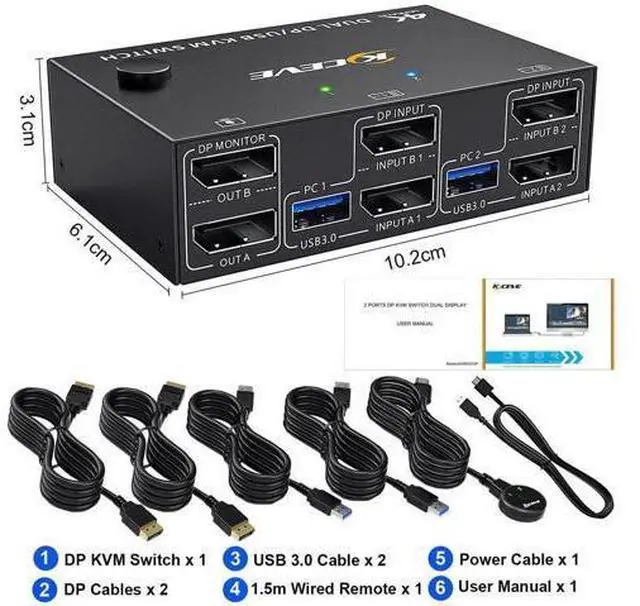 Alt view image 3 of 7 - Dual Monitor DisplayPort KVM Switch 2 Computers, 4K@144Hz USB 3.0 KVM Switcher with 4 USB Ports, Wired Remote Control Included