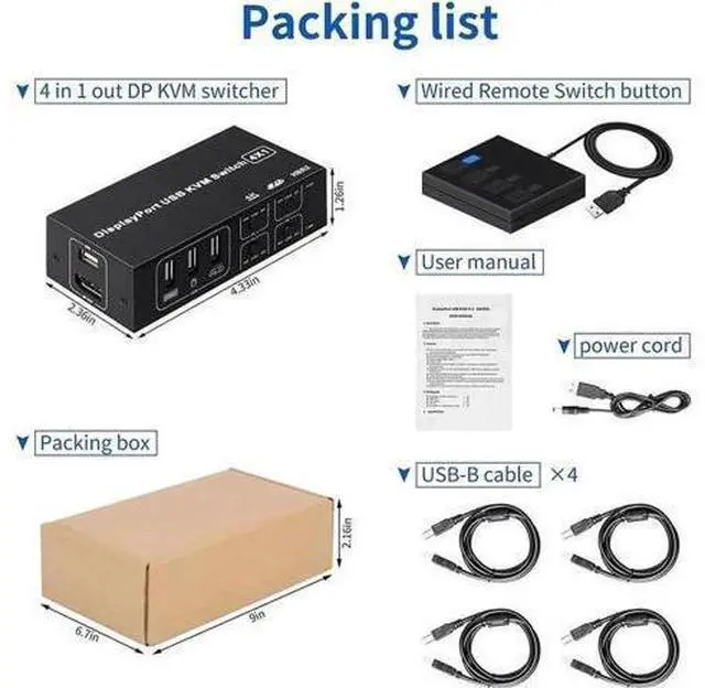 Alt view image 3 of 7 - 4 Port 4x1 DisplayPort KVM Switch 4K@60Hz, USB DP KVM Switcher for 4 PCs Share Monitor Keyboard Mouse USB 2.0 Devices, 4 USB Cables Included