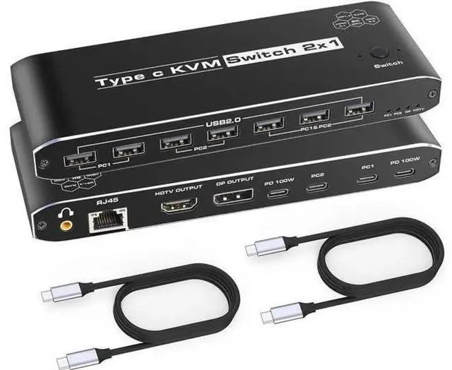 Main image of 2 Port USB-C KVM Switch with HDMI & DP Output, Thunderbolt Type-C KVM Hub 7 USB-A, 100W PD, RJ45 Ethernet & 3.5mm Audio Jack, 4K@60Hz for Laptops