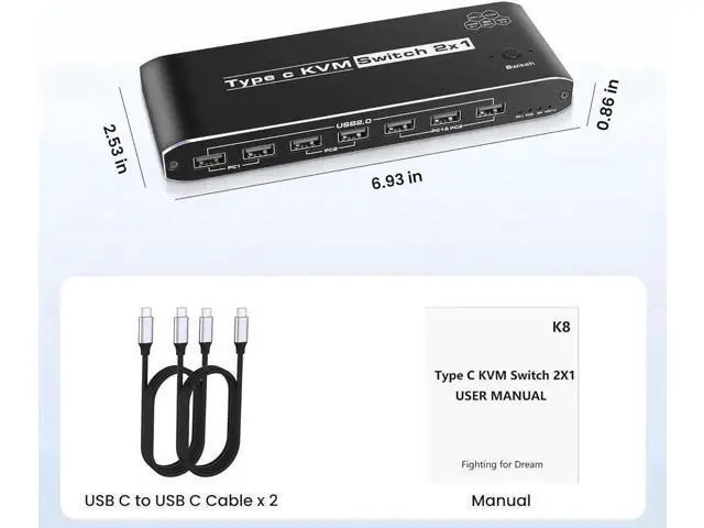 Alt view image 2 of 5 - 2 Port USB-C KVM Switch with HDMI & DP Output, Thunderbolt Type-C KVM Hub 7 USB-A, 100W PD, RJ45 Ethernet & 3.5mm Audio Jack, 4K@60Hz for Laptops