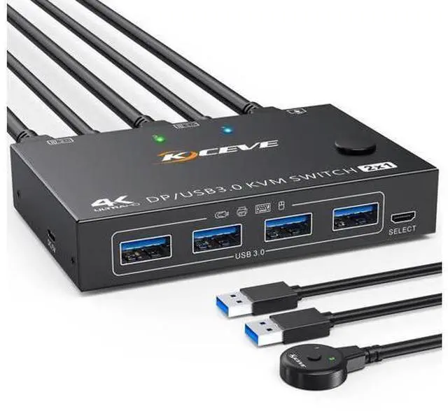 Main image of 2 Port DisplayPort KVM Switch, USB 3.0 4K@144Hz KVM Switcher for 2 PCs Share 1 Monitor & 4 USB Devices, Wired Remote Included