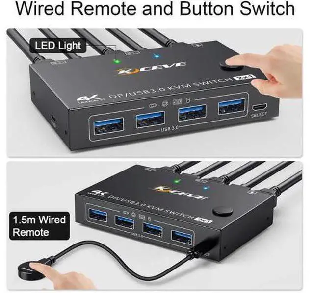 Alt view image 5 of 7 - 2 Port DisplayPort KVM Switch, USB 3.0 4K@144Hz KVM Switcher for 2 PCs Share 1 Monitor & 4 USB Devices, Wired Remote Included