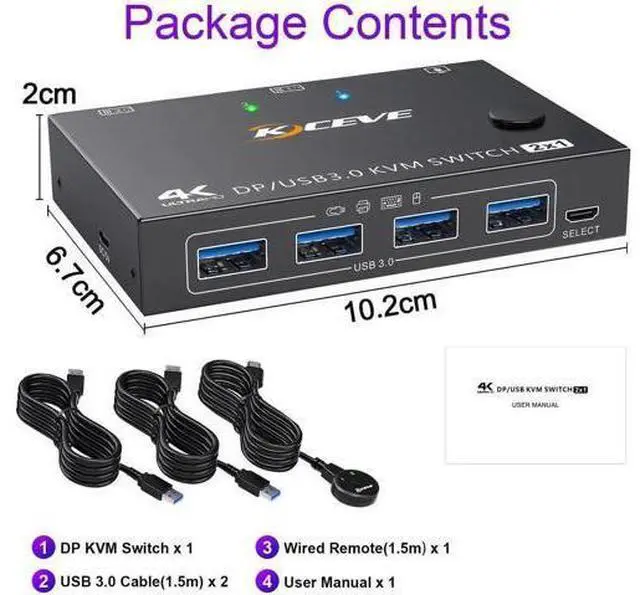 Alt view image 6 of 7 - 2 Port DisplayPort KVM Switch, USB 3.0 4K@144Hz KVM Switcher for 2 PCs Share 1 Monitor & 4 USB Devices, Wired Remote Included