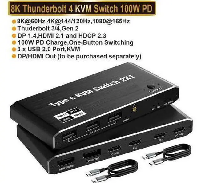 Main image of 2x1 USB-C KVM Switch 8K@60Hz 4K@120Hz, Type-C to HDMI/DP KVM Switcher with 100W PD, 3 USB Ports for 2 Laptops Share 1 Monitor, 2 USB-C Cables Included