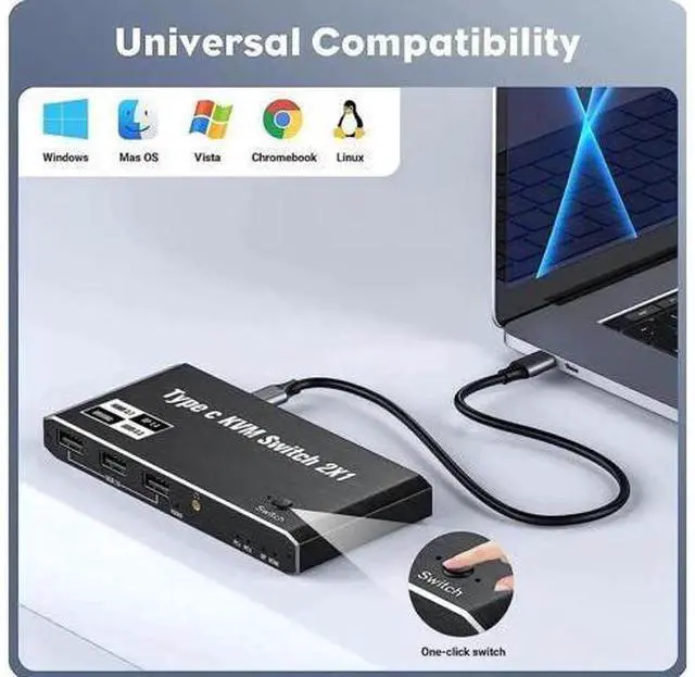 Alt view image 2 of 7 - 2x1 USB-C KVM Switch 8K@60Hz 4K@120Hz, Type-C to HDMI/DP KVM Switcher with 100W PD, 3 USB Ports for 2 Laptops Share 1 Monitor, 2 USB-C Cables Included