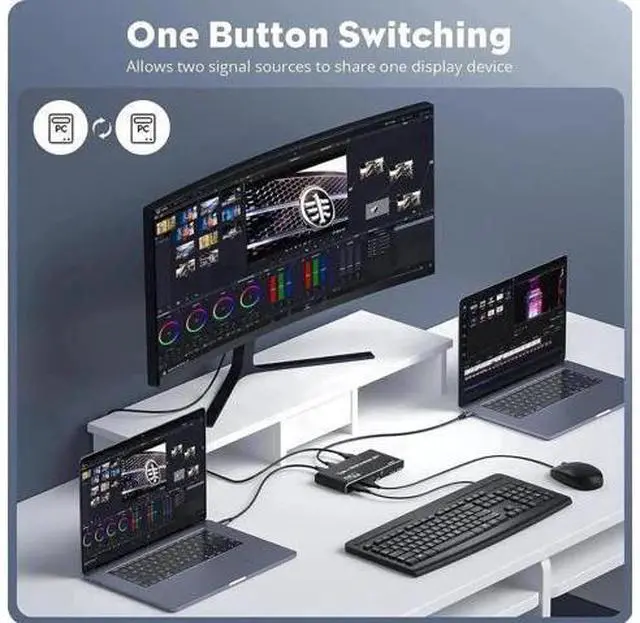 Alt view image 5 of 7 - 2x1 USB-C KVM Switch 8K@60Hz 4K@120Hz, Type-C to HDMI/DP KVM Switcher with 100W PD, 3 USB Ports for 2 Laptops Share 1 Monitor, 2 USB-C Cables Included