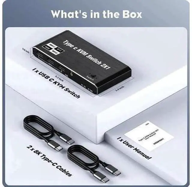 Alt view image 7 of 7 - 2x1 USB-C KVM Switch 8K@60Hz 4K@120Hz, Type-C to HDMI/DP KVM Switcher with 100W PD, 3 USB Ports for 2 Laptops Share 1 Monitor, 2 USB-C Cables Included