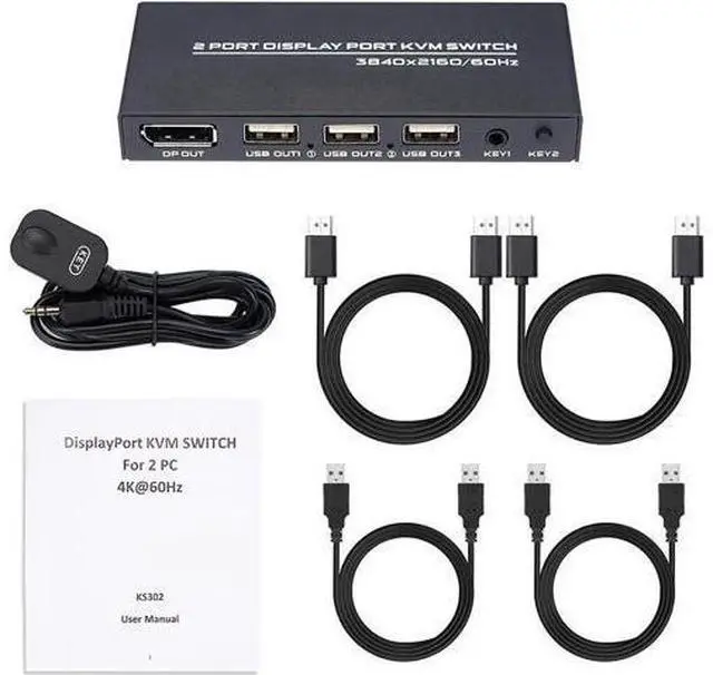 Alt view image 2 of 6 - 2-Port DisplayPort KVM Switch, 4K@60Hz DP KVM Switcher for 2 Laptops Sharing One Monitor Keyboard Mouse, Comes with 2 DP Cables & 2 USB Cables