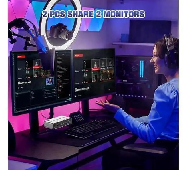 Alt view image 3 of 7 - 2 Port Dual Monitor DP KVM Switch 2 In 2 Out, 8K@60Hz USB3.0 KVM Switcher with Audio & Mic, 3 USB 3.0 Ports for 2 PCs Share 2 Displays Keyboard Mouse