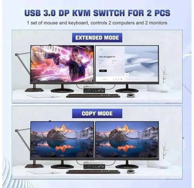 Alt view image 4 of 7 - 2 Port Dual Monitor DP KVM Switch 2 In 2 Out, 8K@60Hz USB3.0 KVM Switcher with Audio & Mic, 3 USB 3.0 Ports for 2 PCs Share 2 Displays Keyboard Mouse