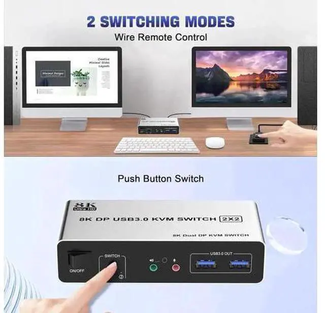 Alt view image 7 of 7 - 2 Port Dual Monitor DP KVM Switch 2 In 2 Out, 8K@60Hz USB3.0 KVM Switcher with Audio & Mic, 3 USB 3.0 Ports for 2 PCs Share 2 Displays Keyboard Mouse