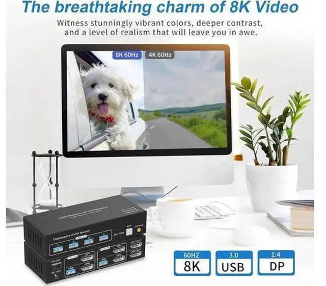 Alt view image 2 of 7 - 2 In 2 Out DP 1.4 Dual Monitor KVM Switch, USB 3.0 DisplayPort KVM Switch for 2 Computers, 8K@60Hz 4K@144Hz with 4 USB 3.0 Ports