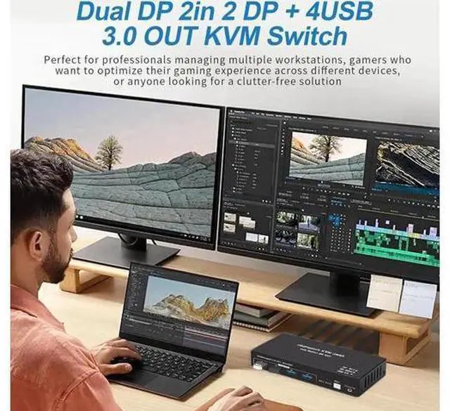 Alt view image 3 of 7 - 2 In 2 Out DP 1.4 Dual Monitor KVM Switch, USB 3.0 DisplayPort KVM Switch for 2 Computers, 8K@60Hz 4K@144Hz with 4 USB 3.0 Ports