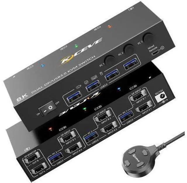 Main image of 3 Port Dual Monitor DP KVM Switch 8K@60Hz, 3 PCs Share 2 DP Screens, USB 3.0 KVM Switch for Keyboard Mouse Sharing