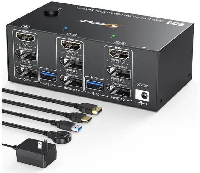 Main image of 2 Port Triple Monitor HDMI+DP KVM Switch, 8K@30Hz 4K@144Hz USB3.0 KVM Switcher with Wired Remote, 4 USB 3.0 Ports for 2 PCs Share 3 Displays