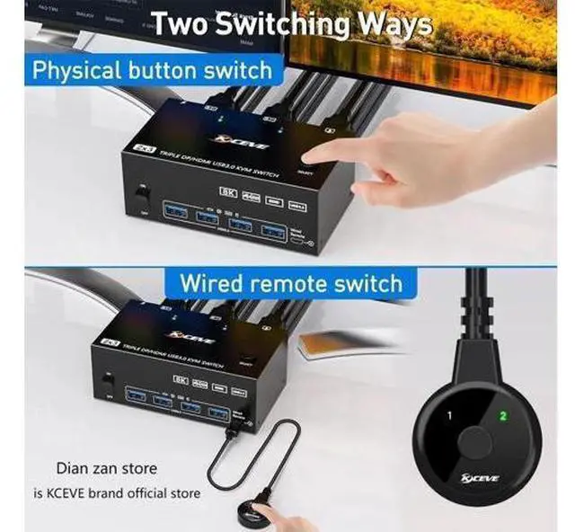 Alt view image 2 of 7 - 2 Port Triple Monitor HDMI+DP KVM Switch, 8K@30Hz 4K@144Hz USB3.0 KVM Switcher with Wired Remote, 4 USB 3.0 Ports for 2 PCs Share 3 Displays