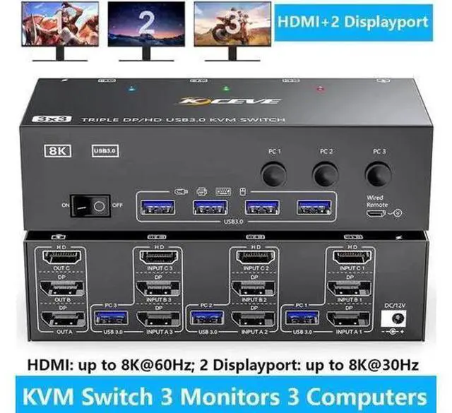 Main image of 3 Port Triple Monitor 1HDMI+2DP KVM Switch, 8K@60Hz/30Hz 2K@144Hz USB3.0 KVM Switcher for 3 PCs Share 3 Displays, Support Extended Display Mode