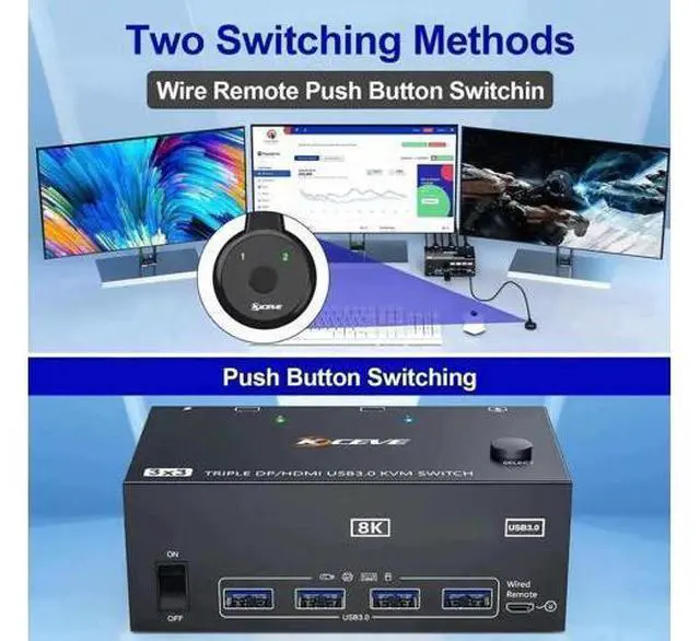 Alt view image 5 of 7 - 3 Port Triple Monitor 1HDMI+2DP KVM Switch, 8K@60Hz/30Hz 2K@144Hz USB3.0 KVM Switcher for 3 PCs Share 3 Displays, Support Extended Display Mode