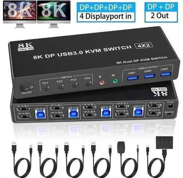 Main image of 4-Port Dual Monitor DP KVM Switch DP1.4, 8K@60Hz USB3.0 KVM Switcher with Audio Mic & 3 USB 3.0 Ports for 4 PCs Share 2 Displays
