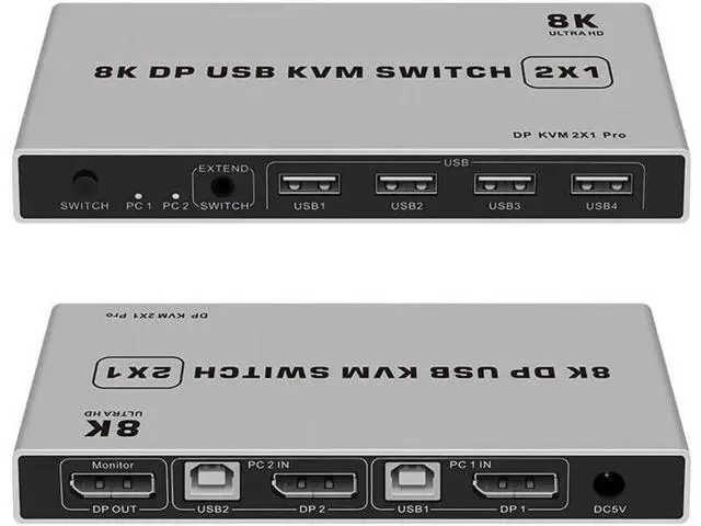 Alt view image 2 of 6 - 2 Port 2 In 1 Out DP 1.4 KVM Switch 4K@60Hz, USB Sharing for Keyboard, Mouse & Printer, USB Power Cable Included