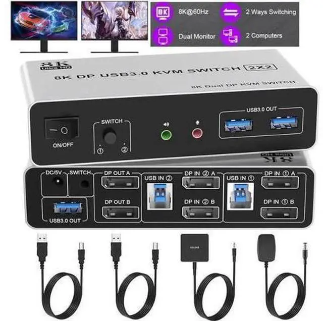 Main image of 2 Port Dual Monitor DP 1.4 KVM Switch 8K@60Hz, 2 PCs Share 2 DP Screens, 3 USB 3.0 & Audio Mic Port, Support Extended & Duplicate Display