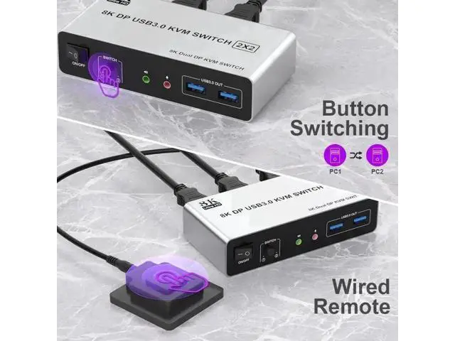 Alt view image 4 of 7 - 2 Port Dual Monitor DP 1.4 KVM Switch 8K@60Hz, 2 PCs Share 2 DP Screens, 3 USB 3.0 & Audio Mic Port, Support Extended & Duplicate Display