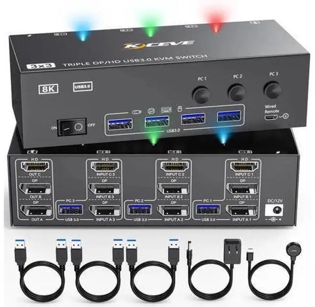 Main image of 3-In-3-Out Triple Monitor HDMI+DP KVM Switch 8K@30Hz 4K@144Hz, USB 3.0 KVM Switcher for 3 PCs Share 3 Displays & 4 USB 3.0 Peripherals